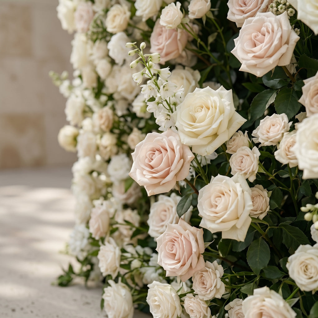 Sirenbelle:Luxury 5D Cream & Ivory Silk Floral Wall Roll-Up Backdrop for Timeless Elegant Weddings