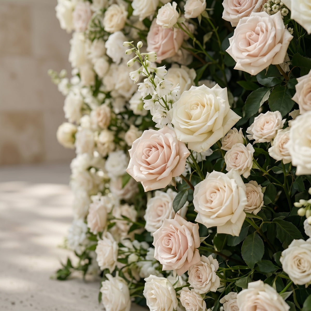 Sirenbelle:Luxury 5D Cream & Ivory Silk Floral Wall Roll-Up Backdrop for Timeless Elegant Weddings