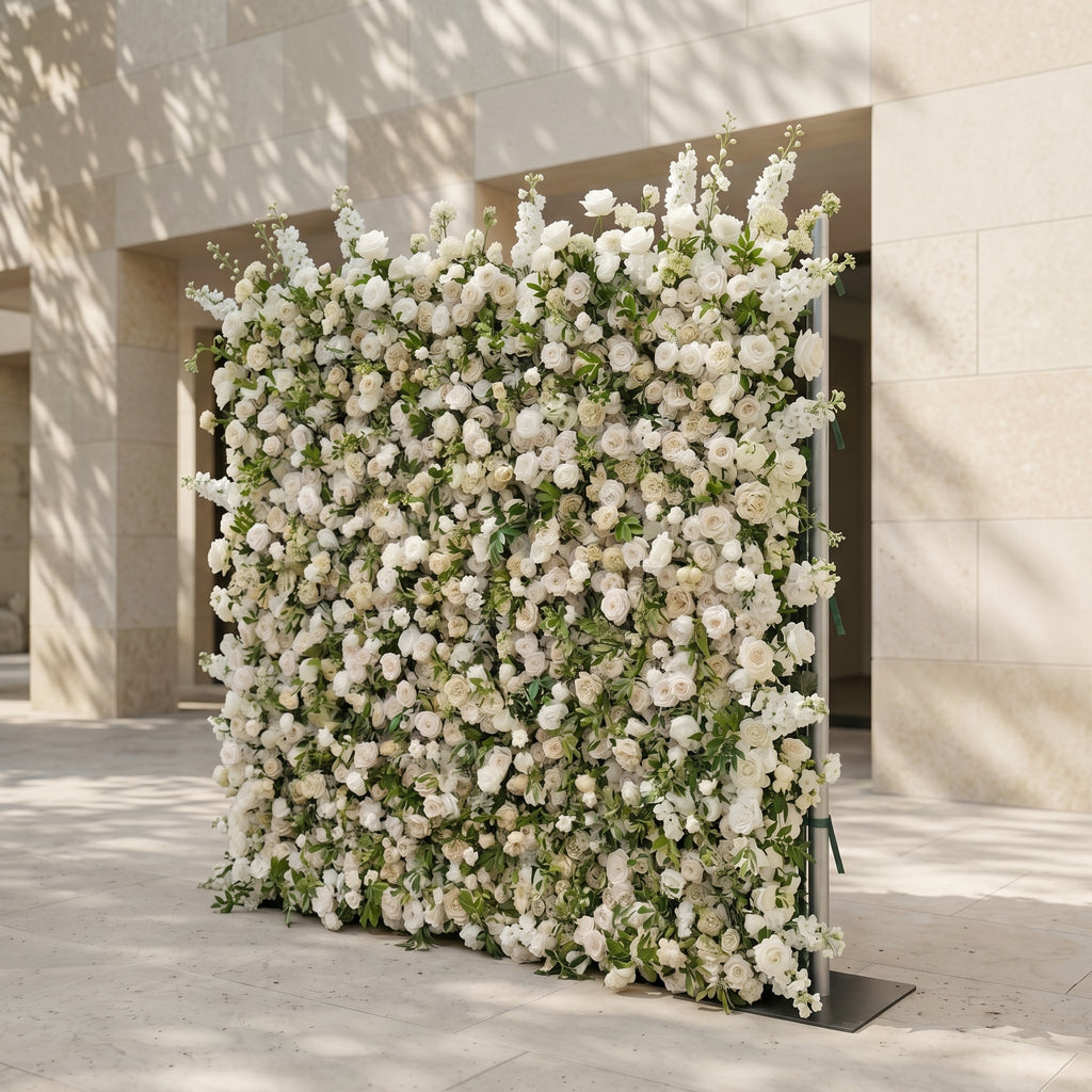 Sirenbelle:Luxury 5D Cream & Ivory Silk Floral Wall Roll-Up Backdrop for Timeless Elegant Weddings