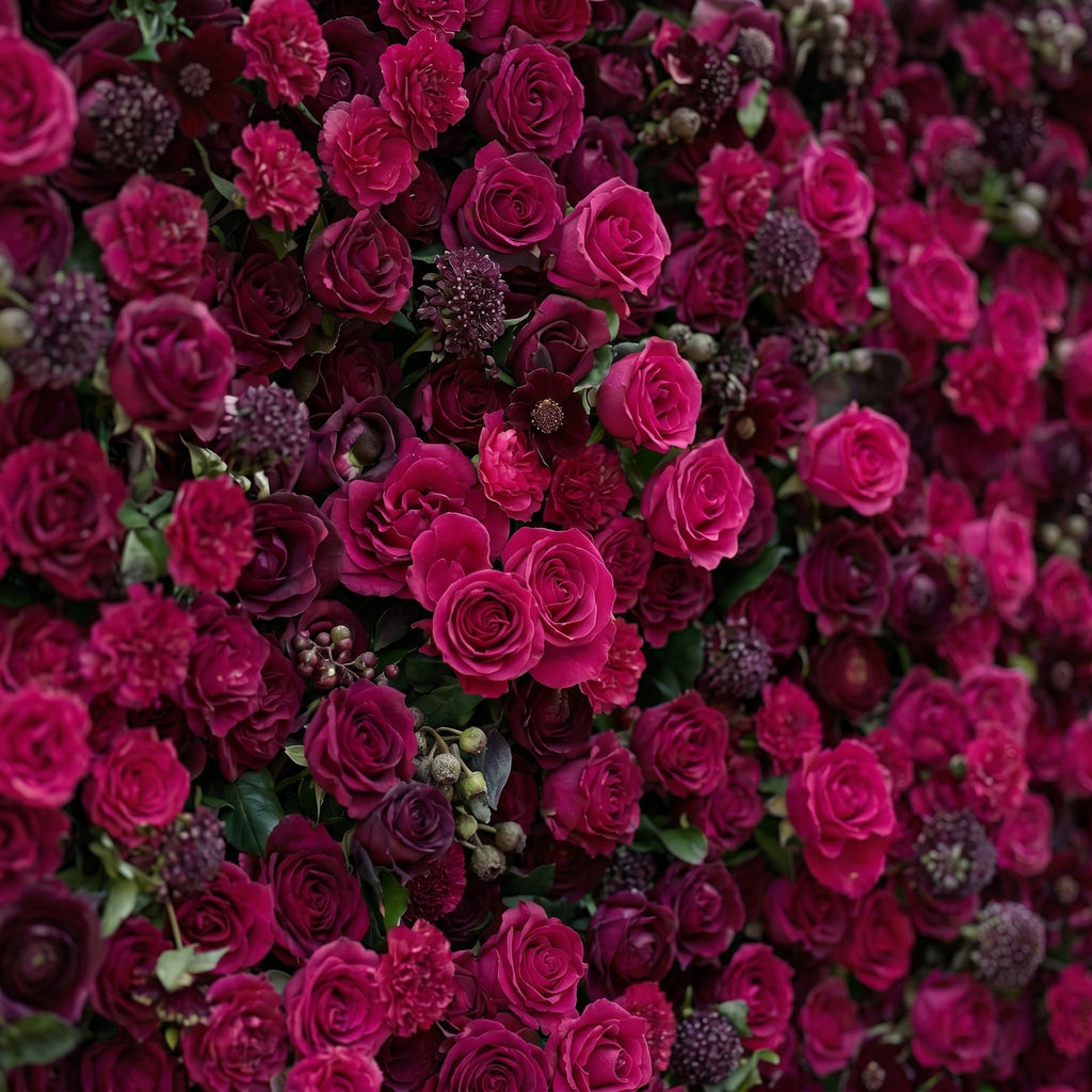 Soliva: Luxury 4D Deep Berry & Magenta Silk Floral Wall Backdrop for Sophisticated Moody Weddings & Galas