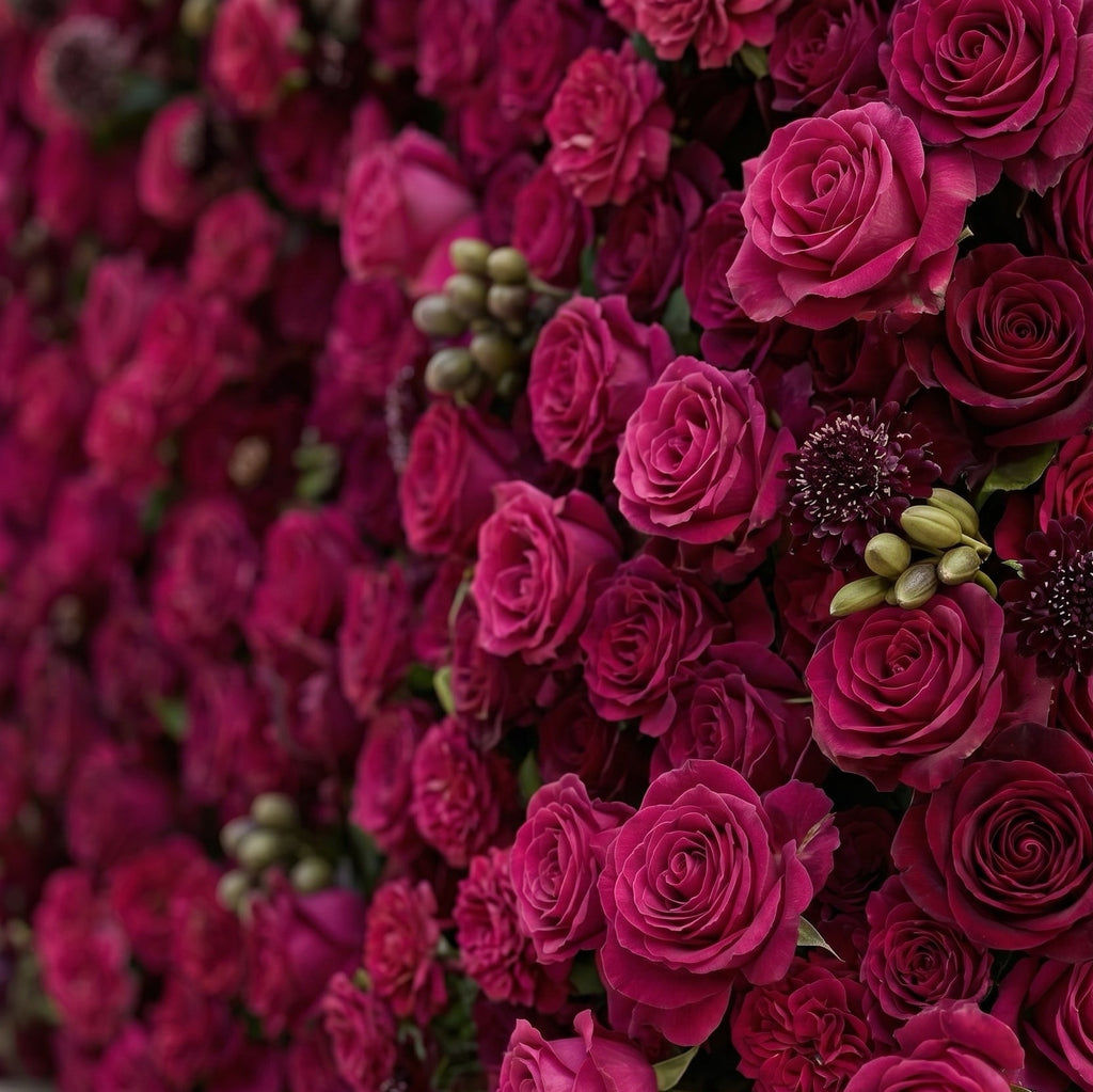 Soliva: Luxury 4D Deep Berry & Magenta Silk Floral Wall Backdrop for Sophisticated Moody Weddings & Galas