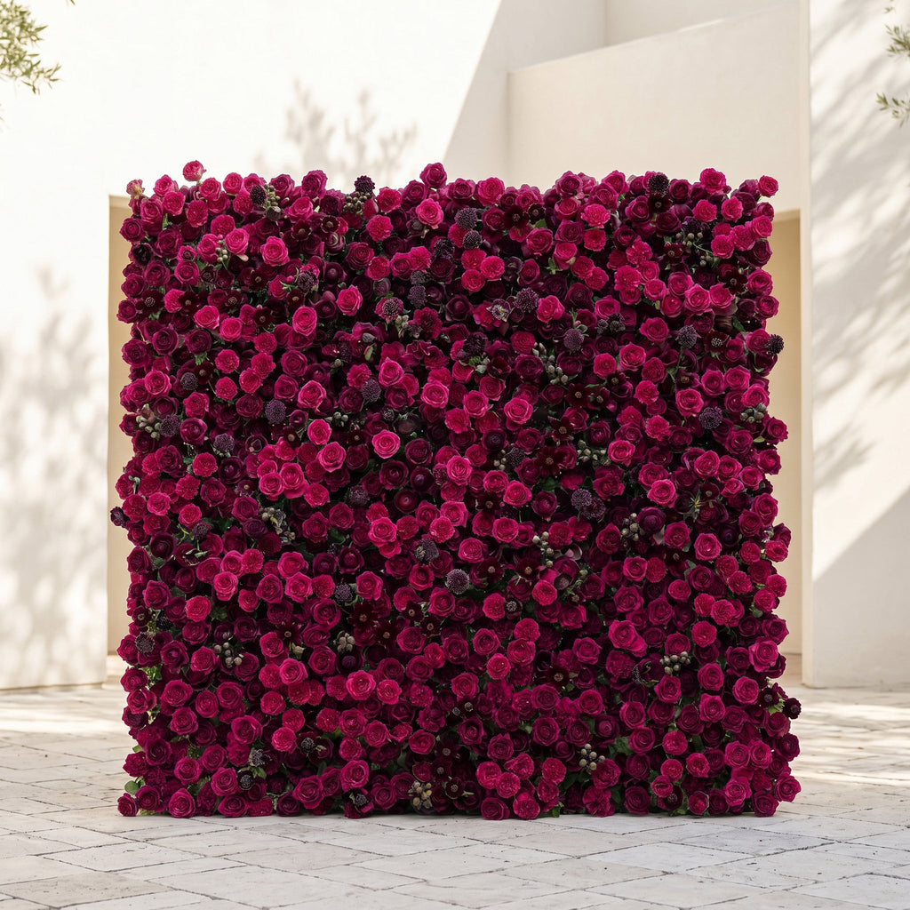 Soliva: Luxury 4D Deep Berry & Magenta Silk Floral Wall Backdrop for Sophisticated Moody Weddings & Galas