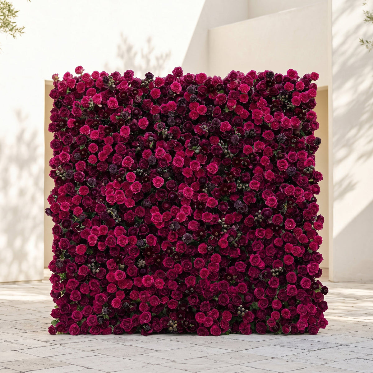 Soliva: Luxury 4D Deep Berry & Magenta Silk Floral Wall Backdrop for Sophisticated Moody Weddings & Galas