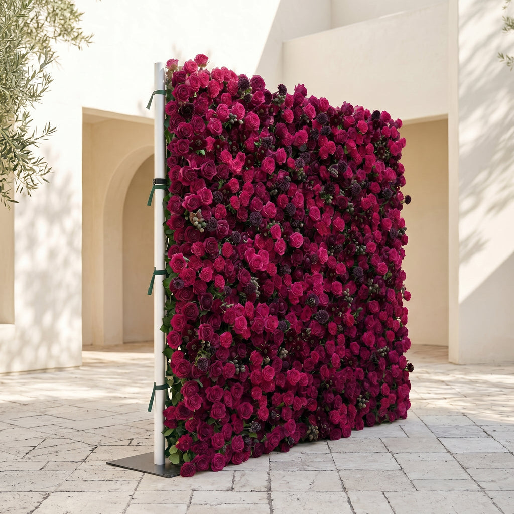 Soliva: Luxury 4D Deep Berry & Magenta Silk Floral Wall Backdrop for Sophisticated Moody Weddings & Galas