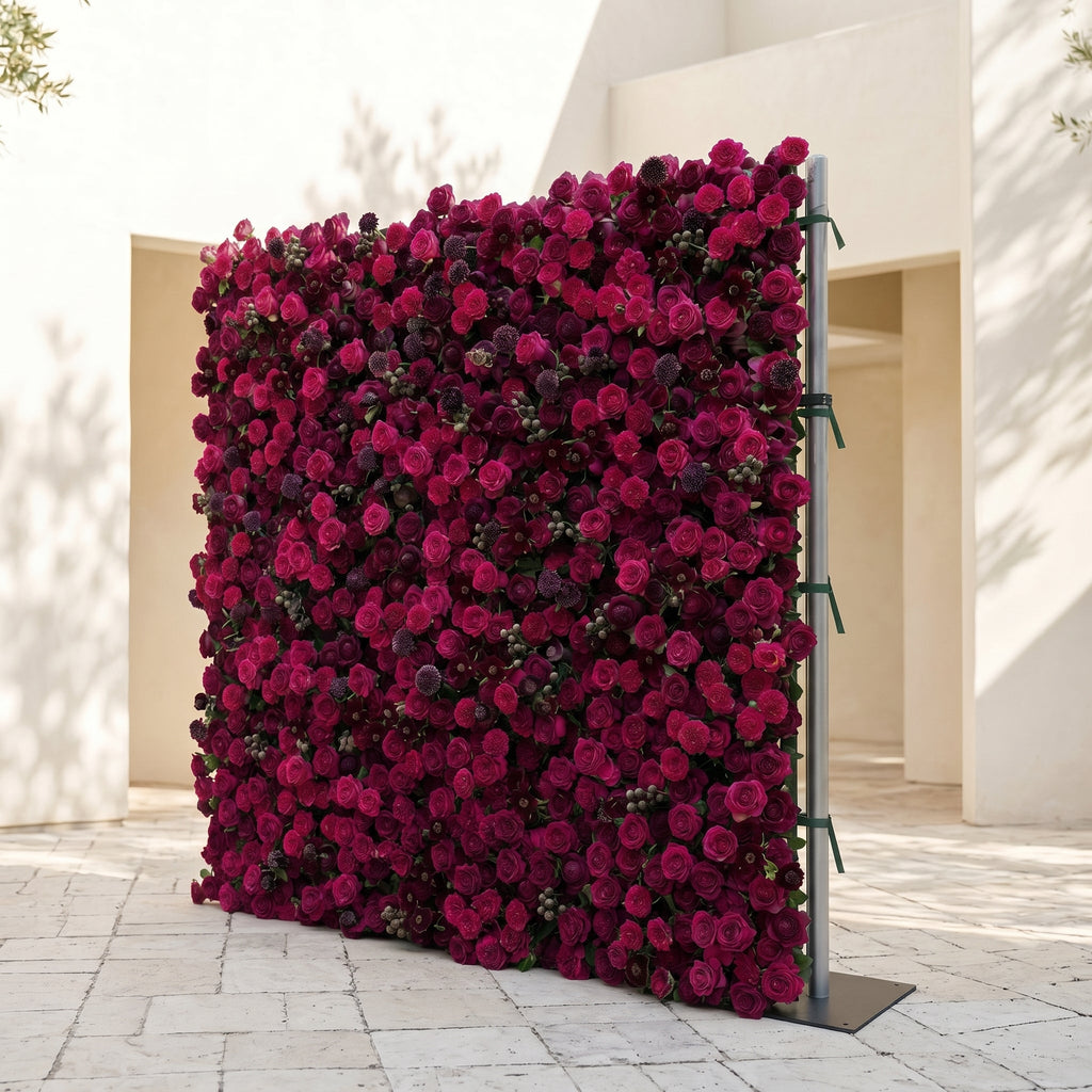 Soliva: Luxury 4D Deep Berry & Magenta Silk Floral Wall Backdrop for Sophisticated Moody Weddings & Galas