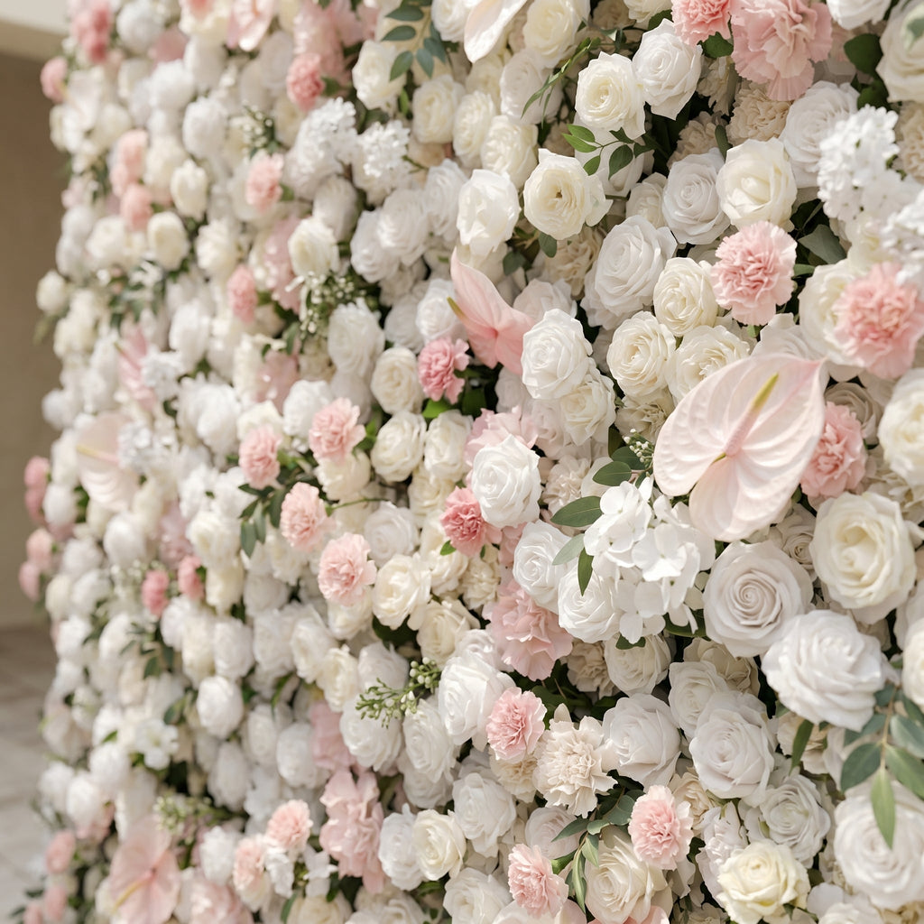 Sorelmora:5D Blush Pink & Ivory White Silk Rose Flower Wall Roll-Up Fabric Backdrop for Romantic Weddings & Proposals