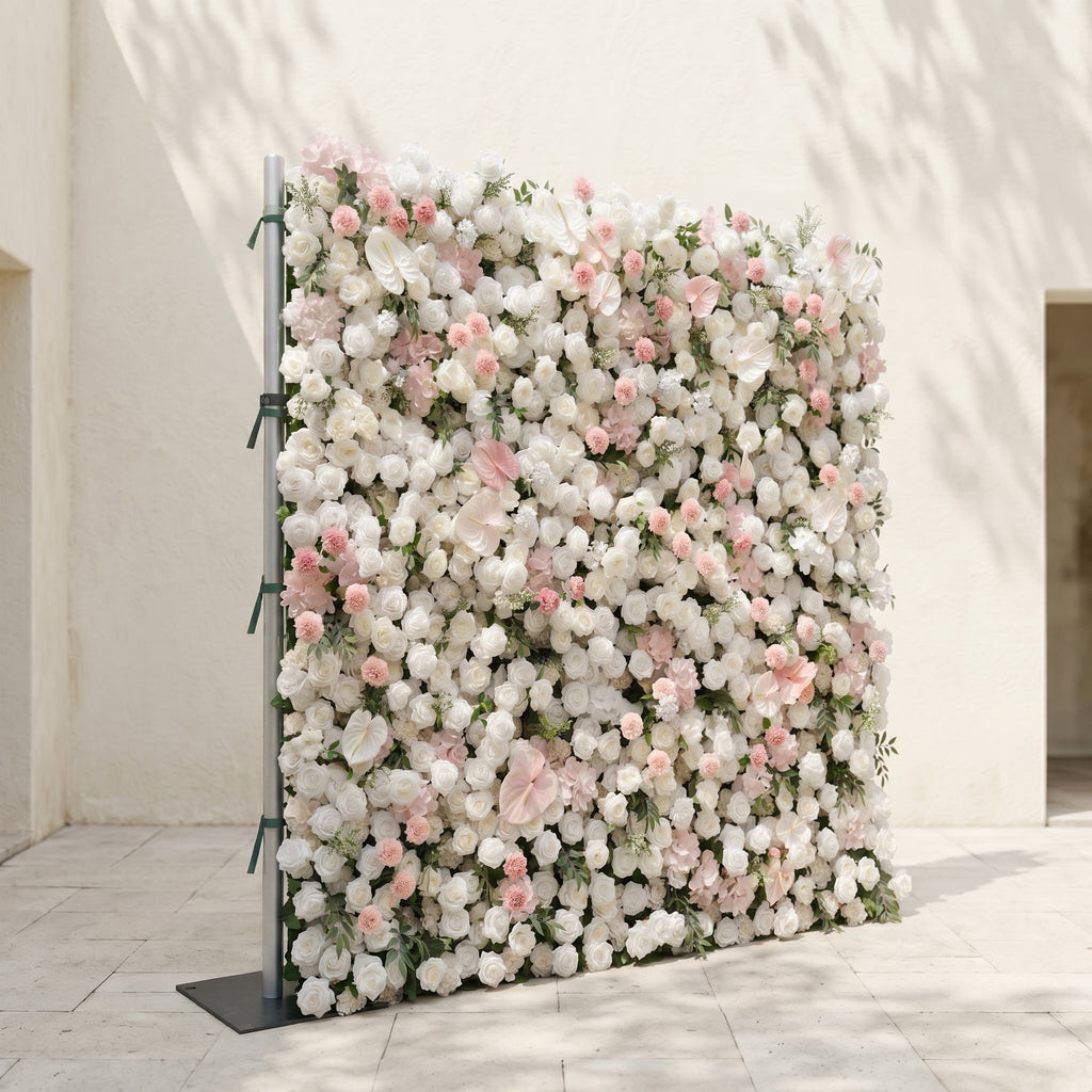 Sorelmora:5D Blush Pink & Ivory White Silk Rose Flower Wall Roll-Up Fabric Backdrop for Romantic Weddings & Proposals