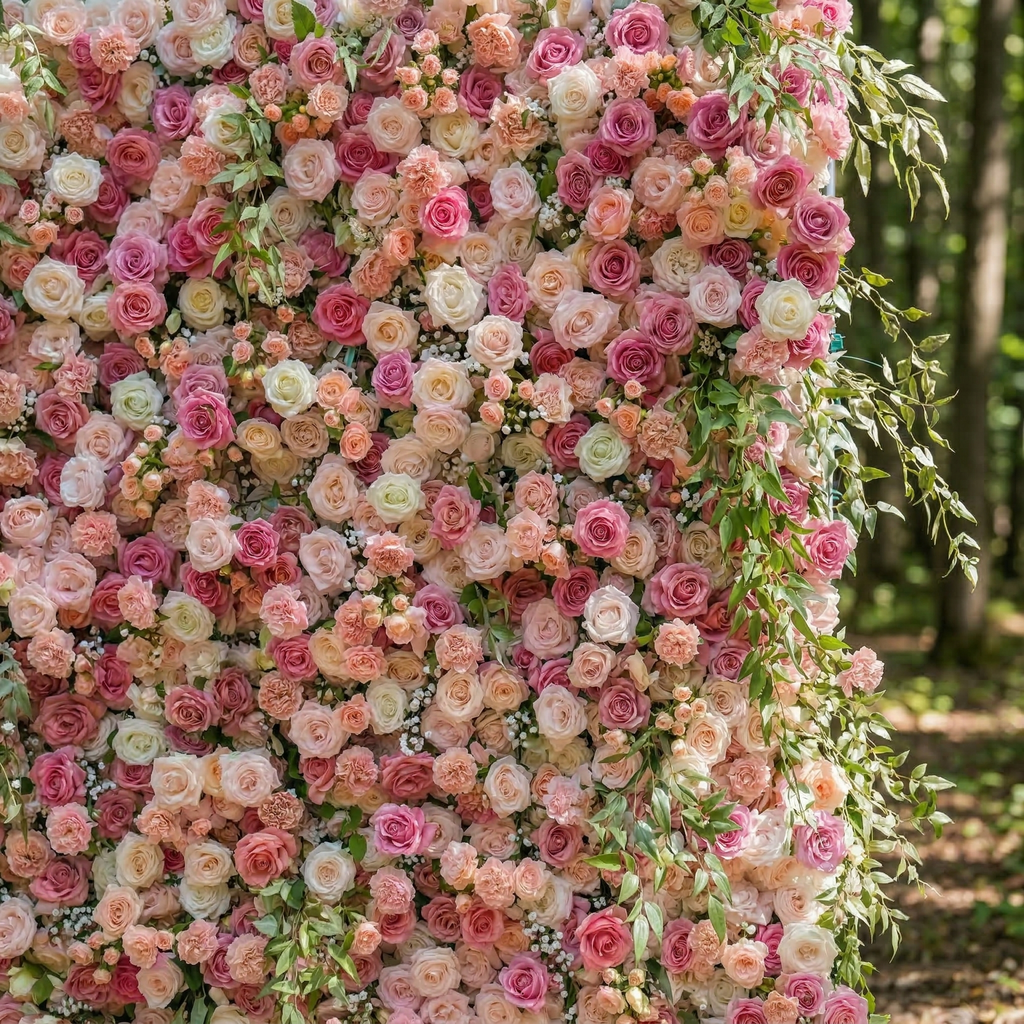 Sorev: 5D Blush Pink and Raspberry Silk Rose Flower Wall Roll-Up Fabric Backdrop for Forest Weddings & Parties