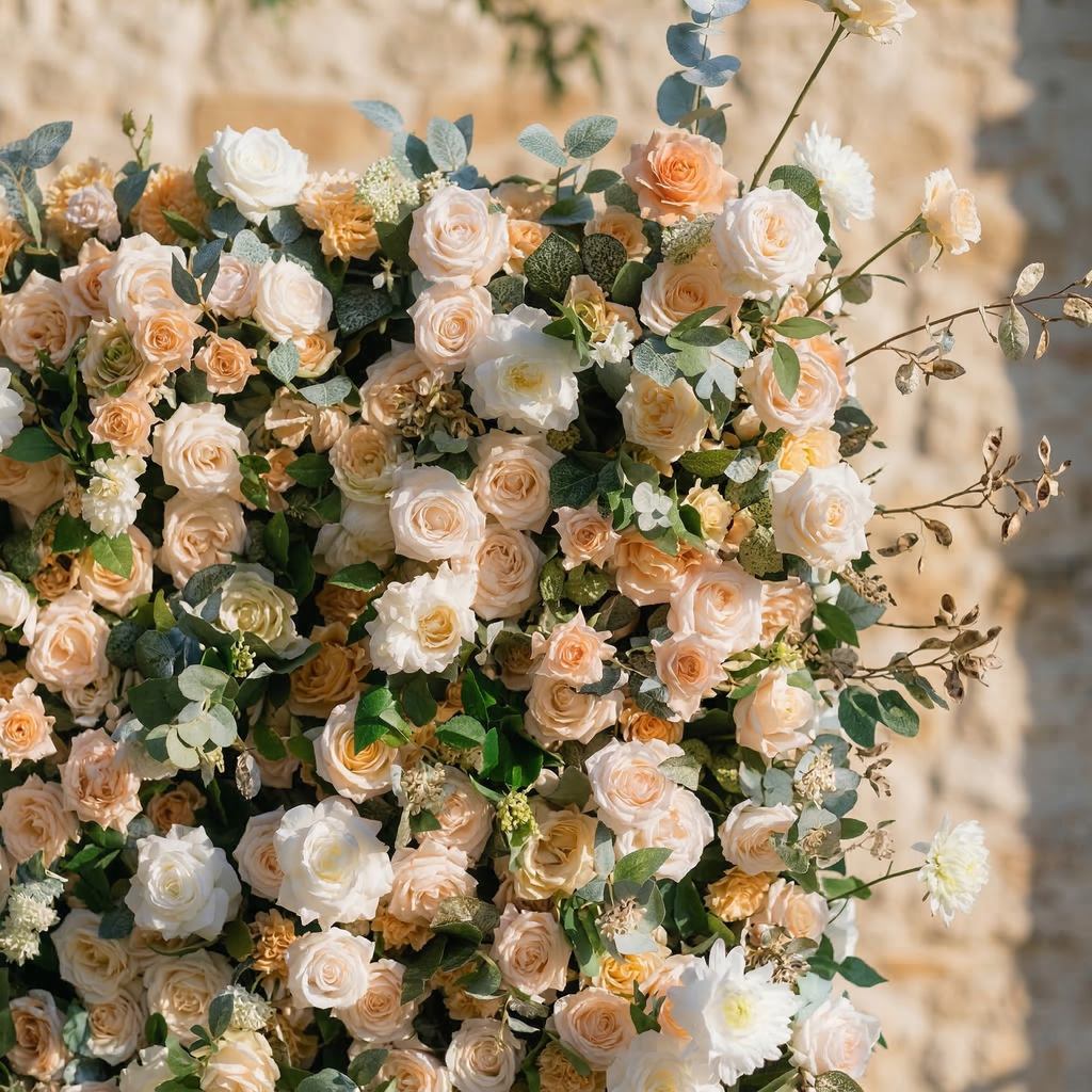Tarelle: 5D Champagne and Cream Silk Rose Flower Wall Roll-Up Fabric Backdrop for Garden Weddings & Events