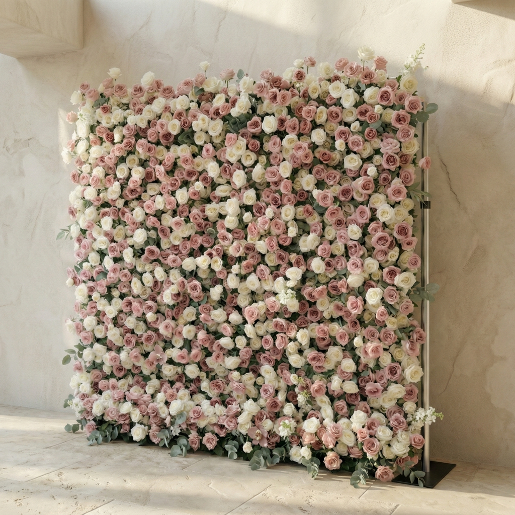 Thaliah: 5D Elegant Dusty Rose & Cream Silk Rose Flower Wall Roll-Up Fabric Backdrop for Luxury Weddings & Events