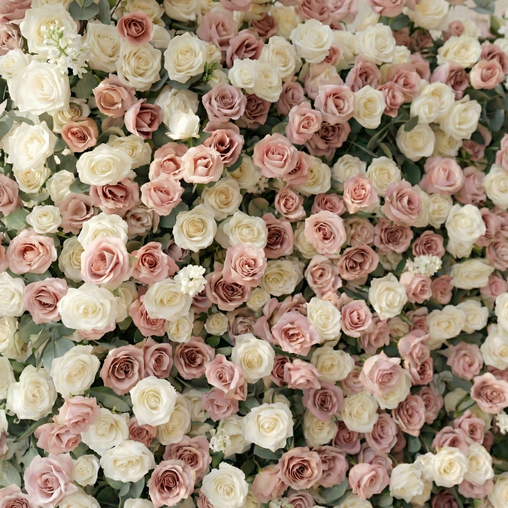 Thaliah: 5D Elegant Dusty Rose & Cream Silk Rose Flower Wall Roll-Up Fabric Backdrop for Luxury Weddings & Events