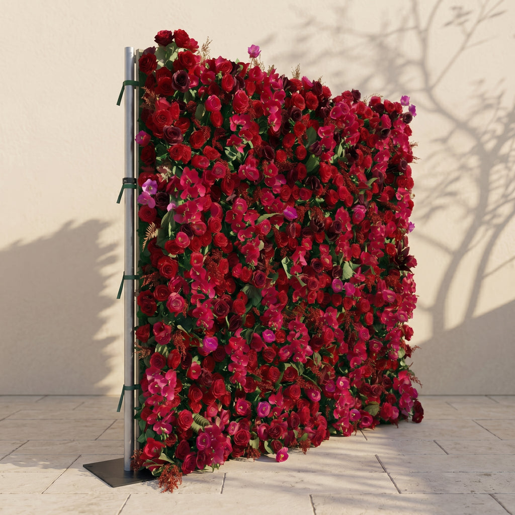 Torella:5D Luxury Burgundy Red Silk Rose Flower Wall Roll-Up Fabric Backdrop for Romantic Weddings & Proposals