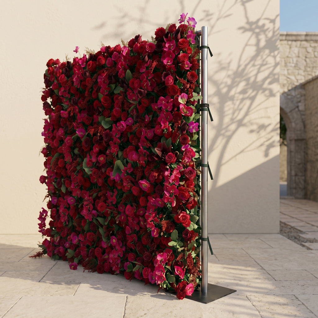 Torella:5D Luxury Burgundy Red Silk Rose Flower Wall Roll-Up Fabric Backdrop for Romantic Weddings & Proposals