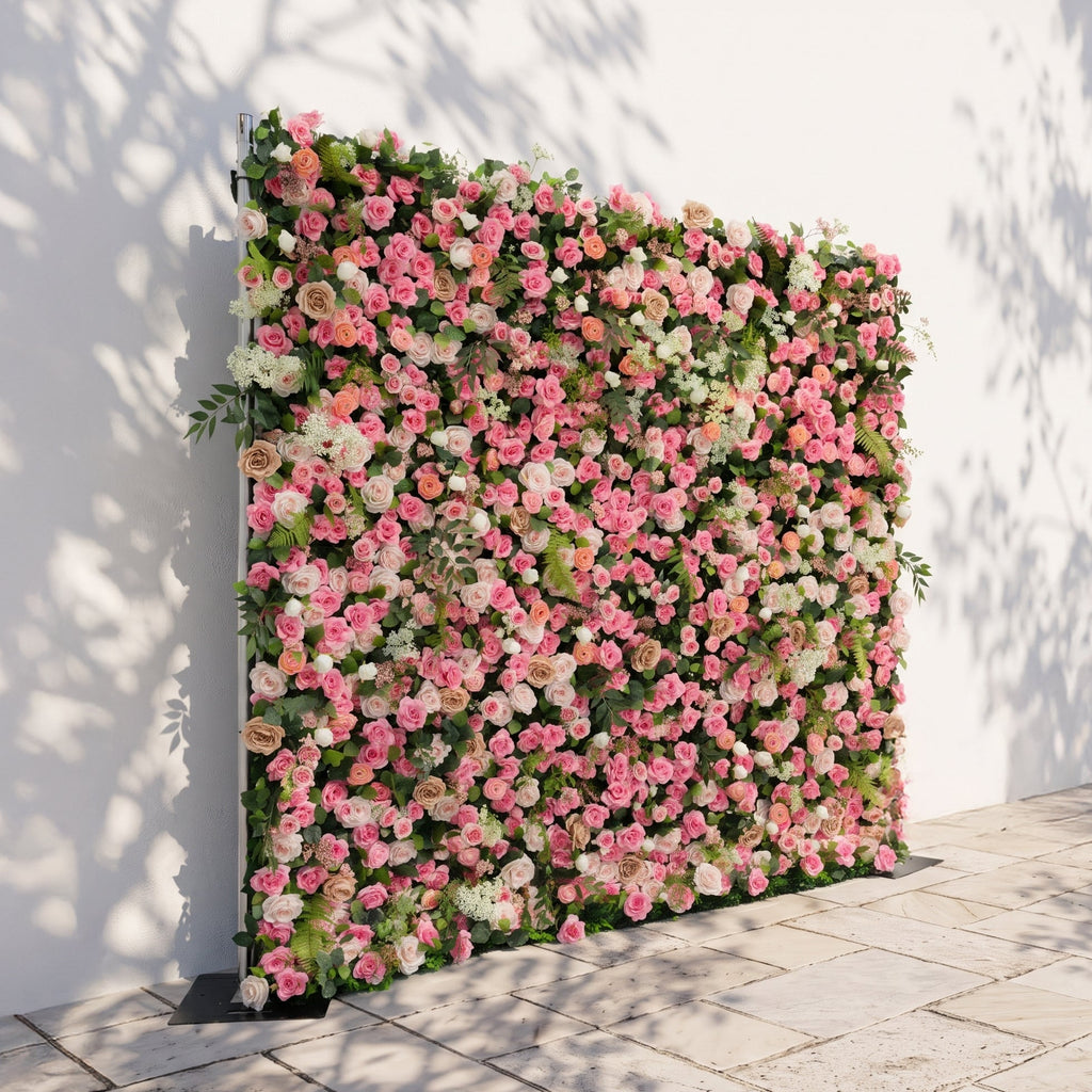 Valevia:5D Multi Tone Hot Pink & Ivory White Silk Rose Flower Wall Roll-Up Fabric Backdrop for Romantic Weddings & Proposals