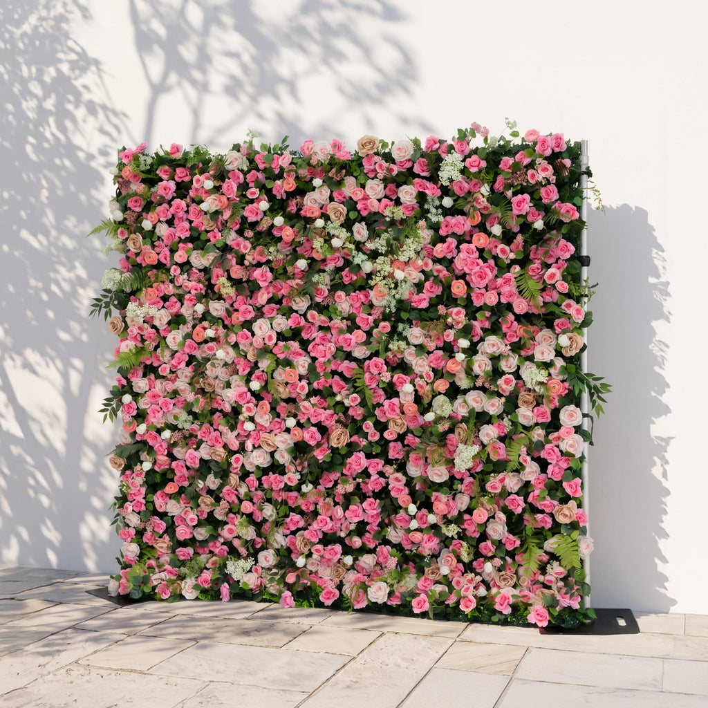 Valevia:5D Multi Tone Hot Pink & Ivory White Silk Rose Flower Wall Roll-Up Fabric Backdrop for Romantic Weddings & Proposals