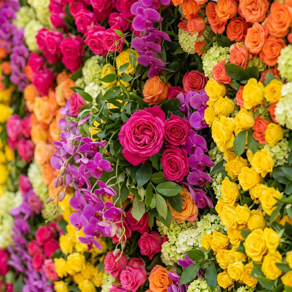 Valnella:5D Rainbow Tropical Mixed Bright Tone Silk Rose Flower Wall Roll-Up Fabric Backdrop for Romantic Weddings & Proposals