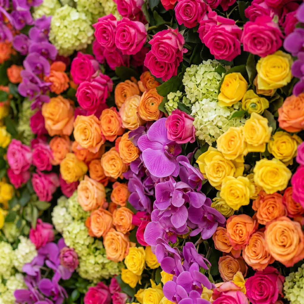 Valnella:5D Rainbow Tropical Mixed Bright Tone Silk Rose Flower Wall Roll-Up Fabric Backdrop for Romantic Weddings & Proposals