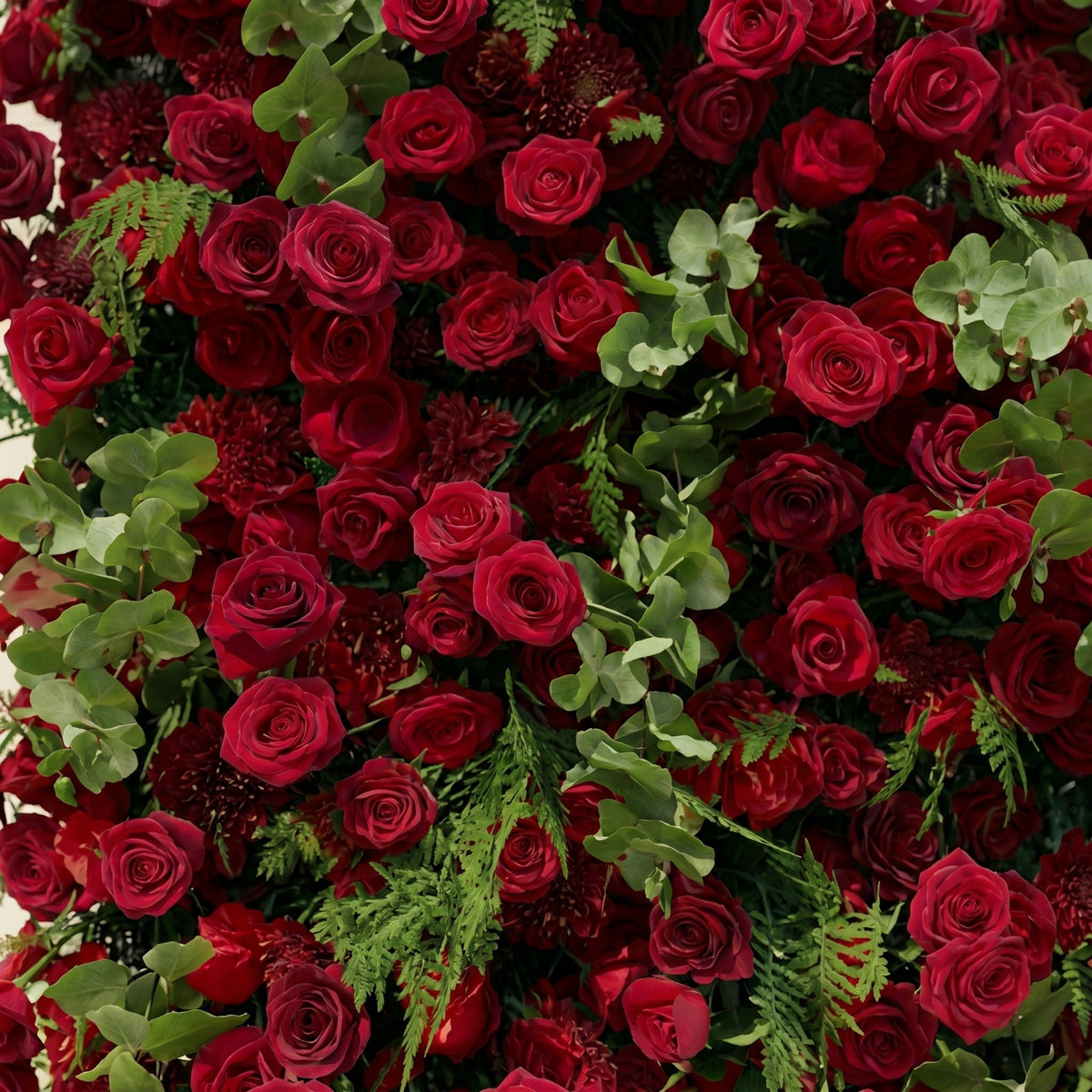 Velrella:Luxury 5D Red Roses Silk Floral Wall with Greenery Roll-Up Backdrop for Romantic Weddings