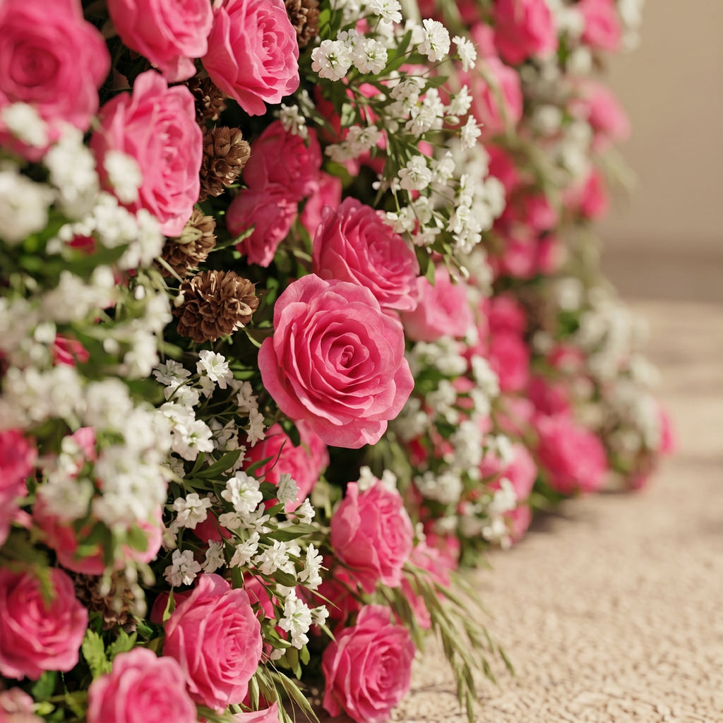 Velsora:5D Hot Pink & Ivory White Silk Rose Flower Wall Roll-Up Fabric Backdrop for Romantic Weddings & Proposals