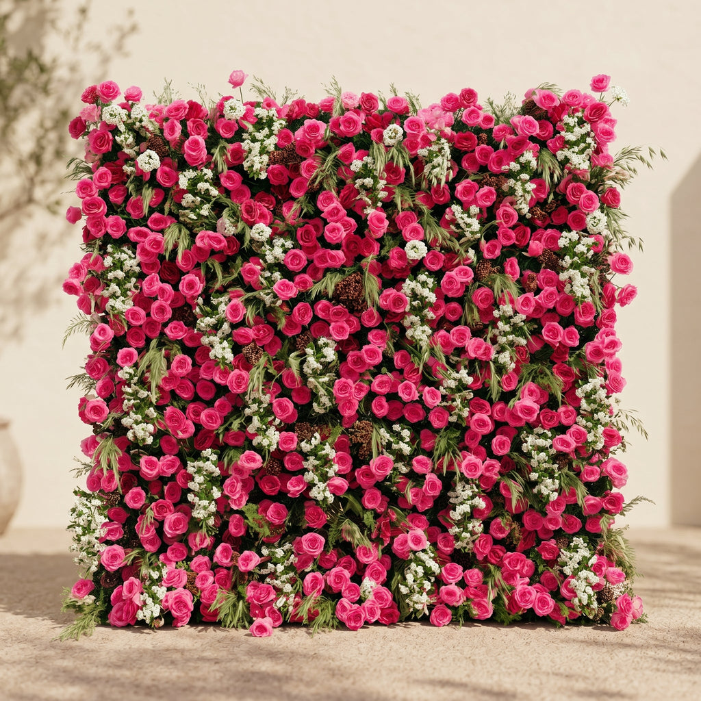 Velsora:5D Hot Pink & Ivory White Silk Rose Flower Wall Roll-Up Fabric Backdrop for Romantic Weddings & Proposals