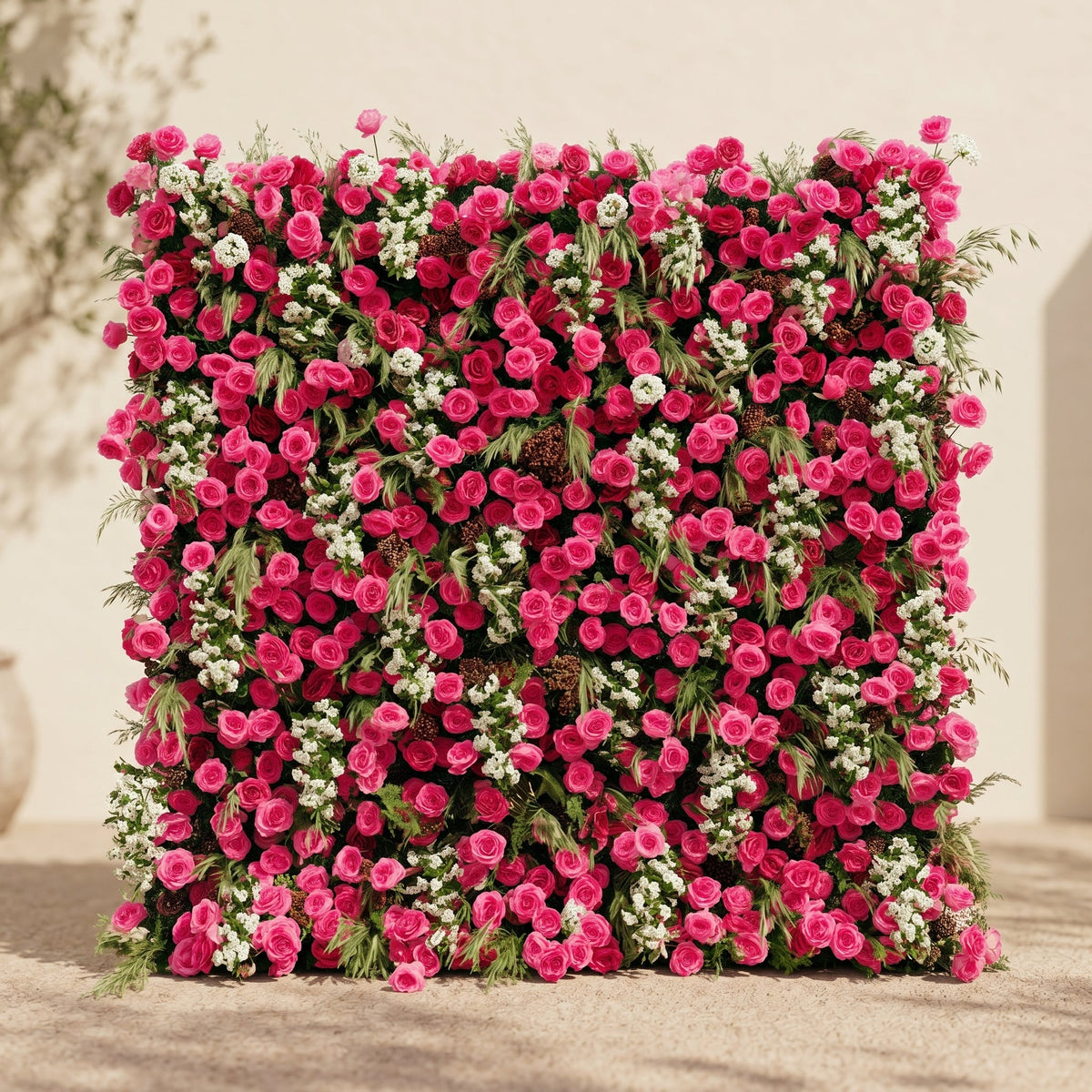 Velsora:5D Hot Pink & Ivory White Silk Rose Flower Wall Roll-Up Fabric Backdrop for Romantic Weddings & Proposals
