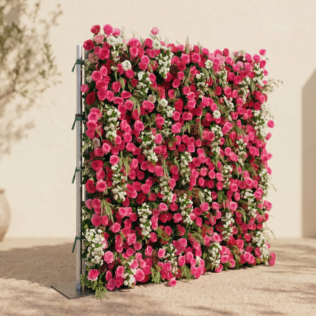 Velsora:5D Hot Pink & Ivory White Silk Rose Flower Wall Roll-Up Fabric Backdrop for Romantic Weddings & Proposals
