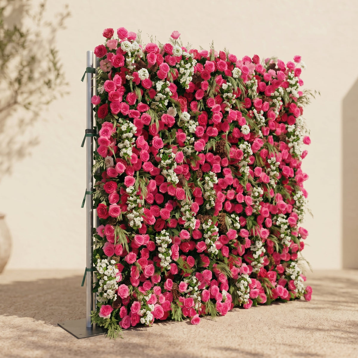 Velsora:5D Hot Pink & Ivory White Silk Rose Flower Wall Roll-Up Fabric Backdrop for Romantic Weddings & Proposals