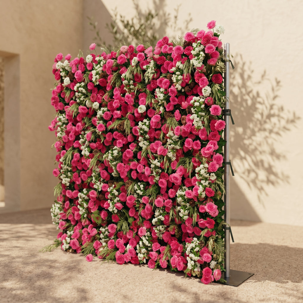 Velsora:5D Hot Pink & Ivory White Silk Rose Flower Wall Roll-Up Fabric Backdrop for Romantic Weddings & Proposals