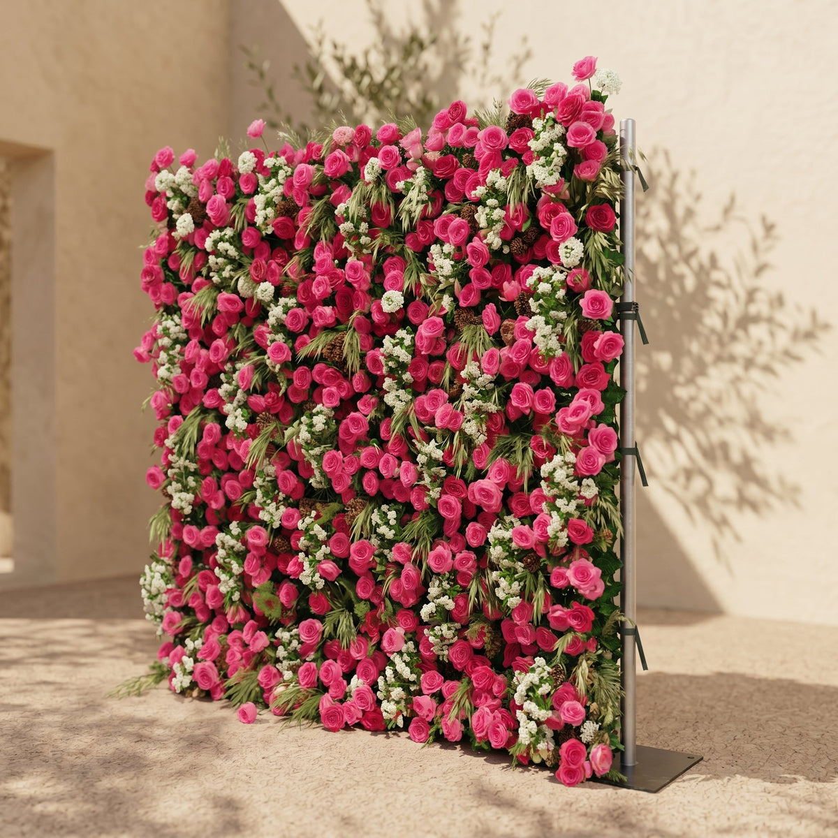 Velsora:5D Hot Pink & Ivory White Silk Rose Flower Wall Roll-Up Fabric Backdrop for Romantic Weddings & Proposals