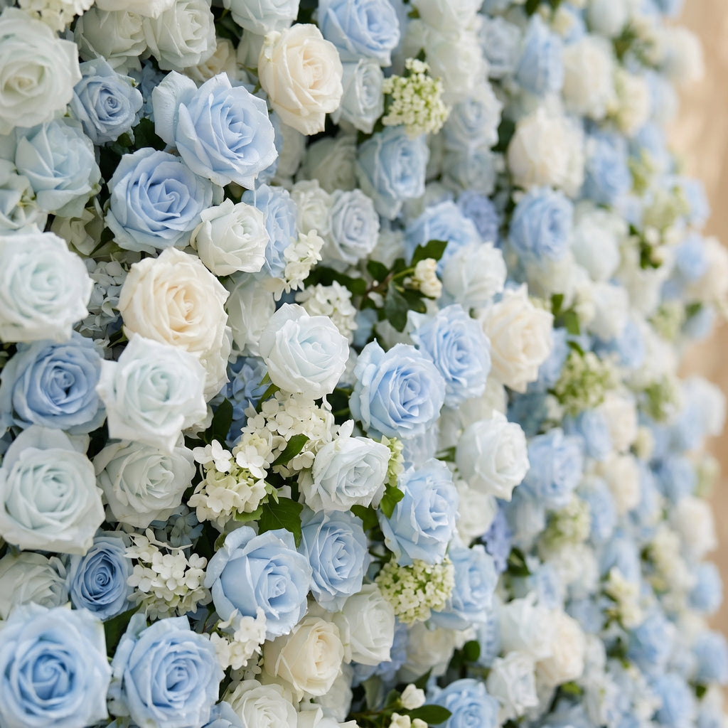 Vasper:5D Dusty Baby Blue & Ivory White Silk Rose Flower Wall Roll-Up Fabric Backdrop for Romantic Weddings & Proposals