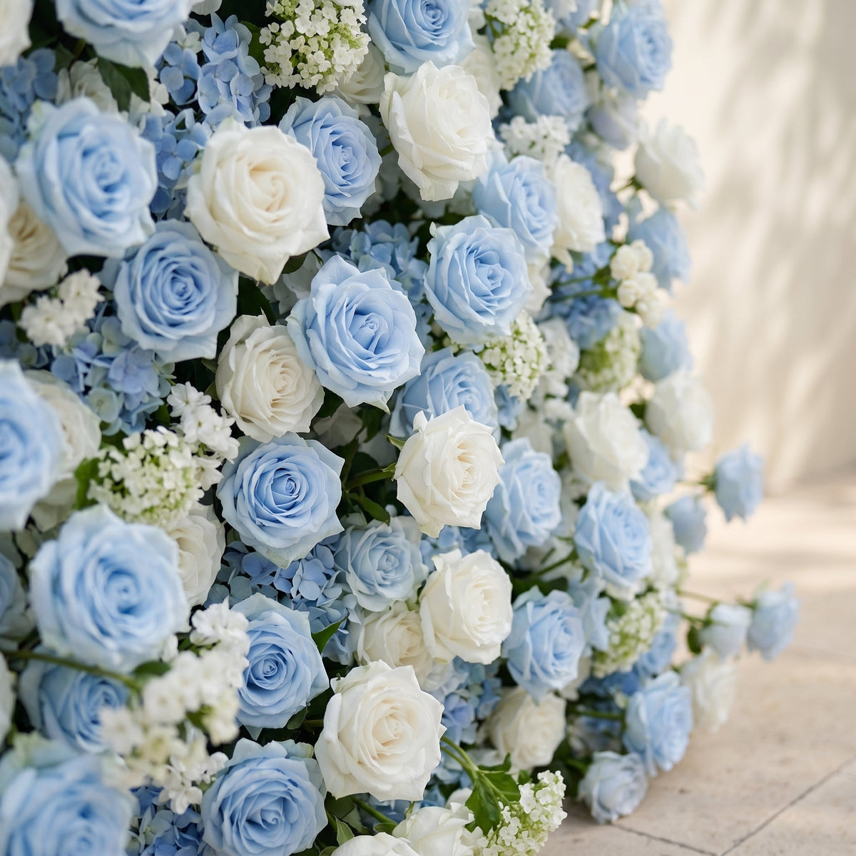 Vasper:5D Dusty Baby Blue & Ivory White Silk Rose Flower Wall Roll-Up Fabric Backdrop for Romantic Weddings & Proposals