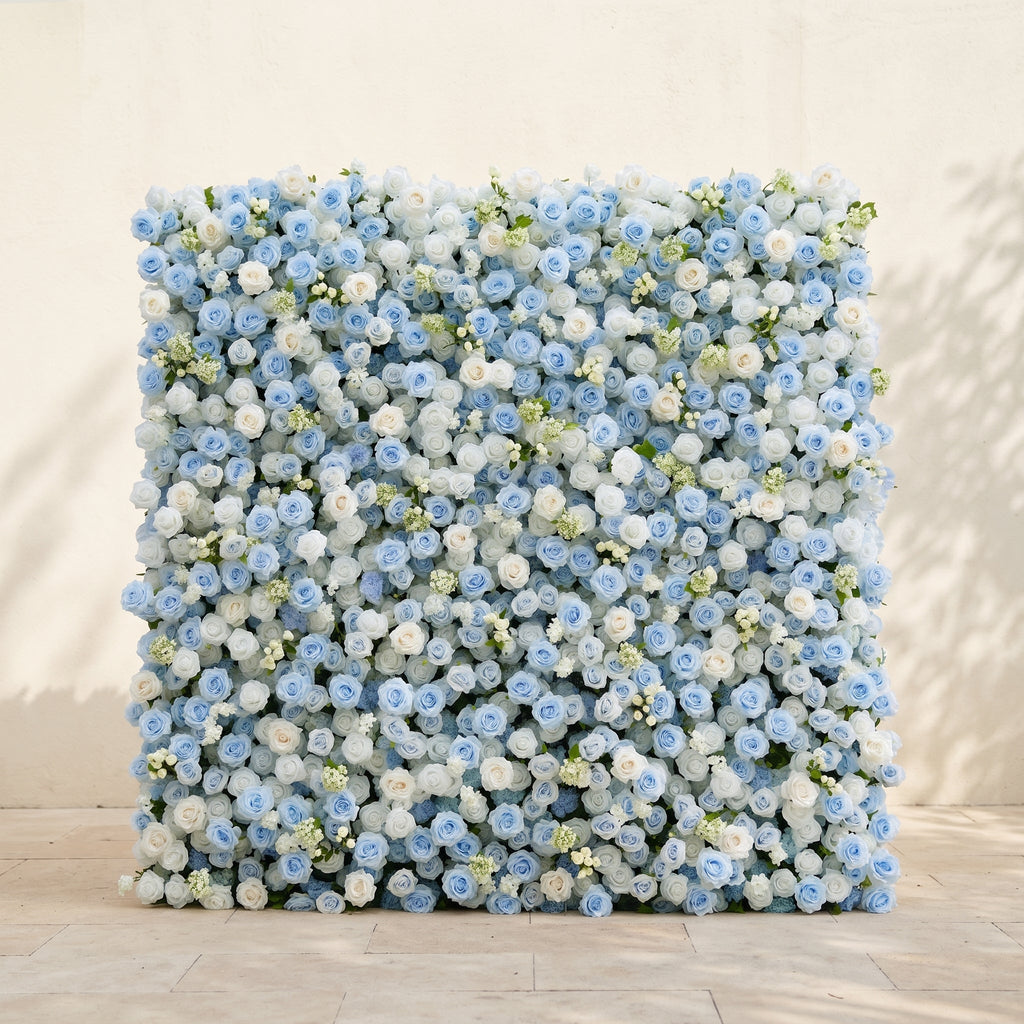 Vasper:5D Dusty Baby Blue & Ivory White Silk Rose Flower Wall Roll-Up Fabric Backdrop for Romantic Weddings & Proposals