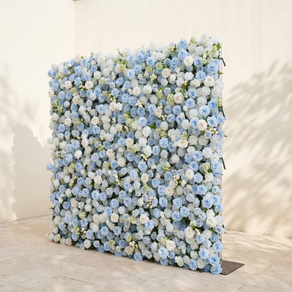 Vasper:5D Dusty Baby Blue & Ivory White Silk Rose Flower Wall Roll-Up Fabric Backdrop for Romantic Weddings & Proposals