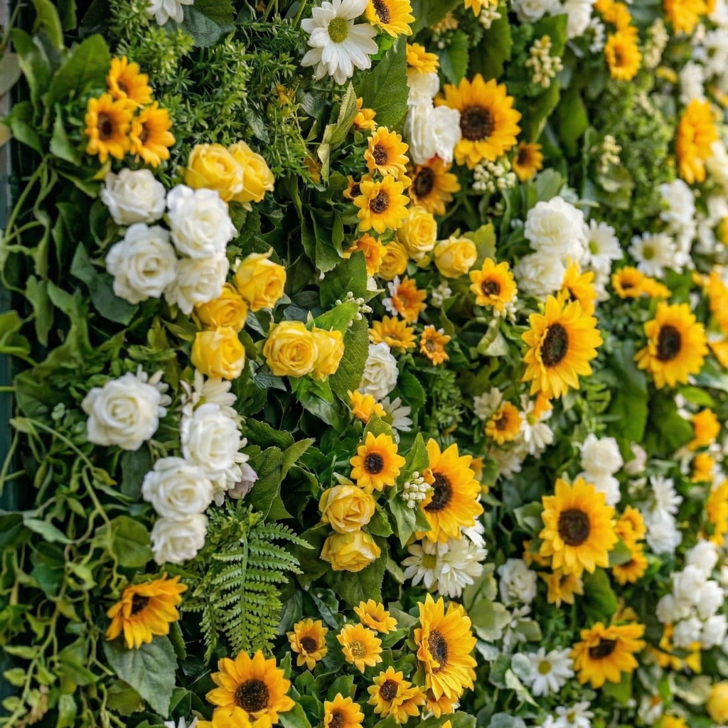Violetta: Luxury 5D Sunflower & Cream Rose Silk Floral Wall Roll-Up Fabric Backdrop for Garden Weddings & Events