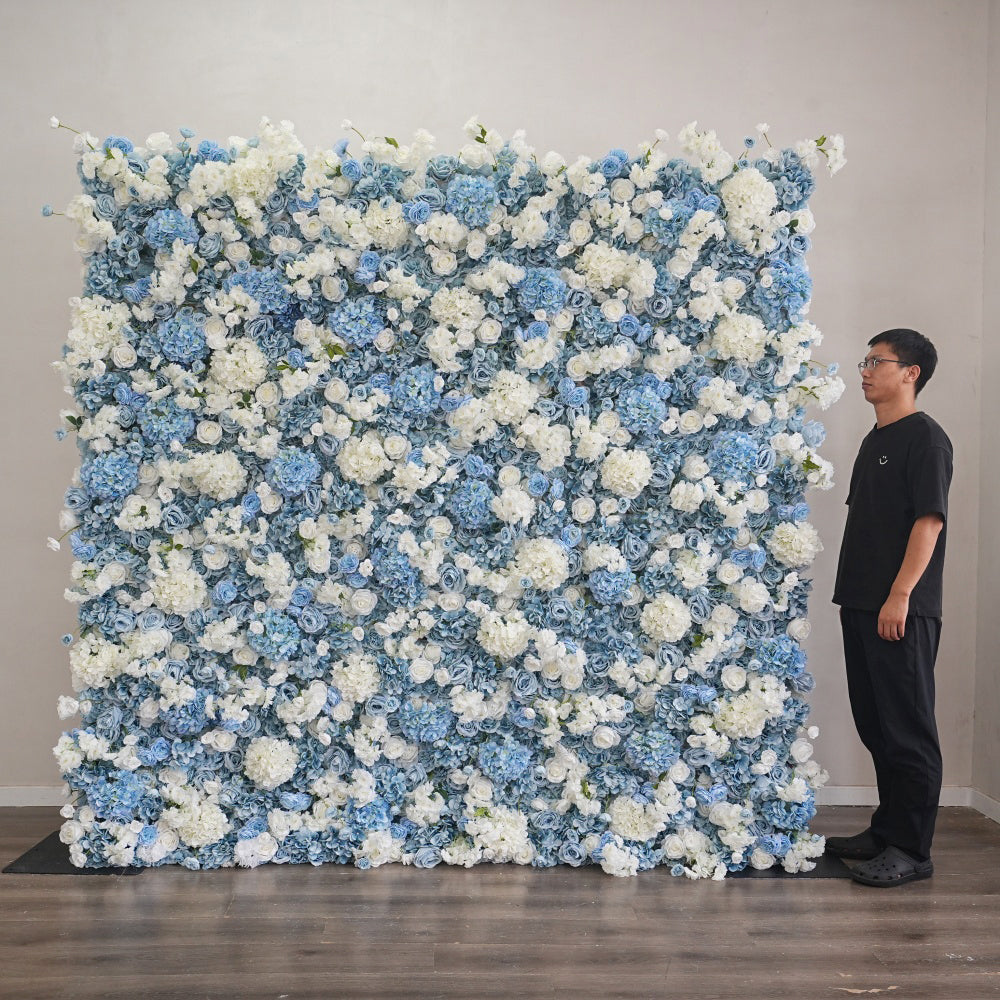 Wholesale Blue White 8*8ft Flower Wall Wedding Supplies Decoration Silk Rose Backdrop Artificial Decorative Backdrop Flower Wall Free Shipping