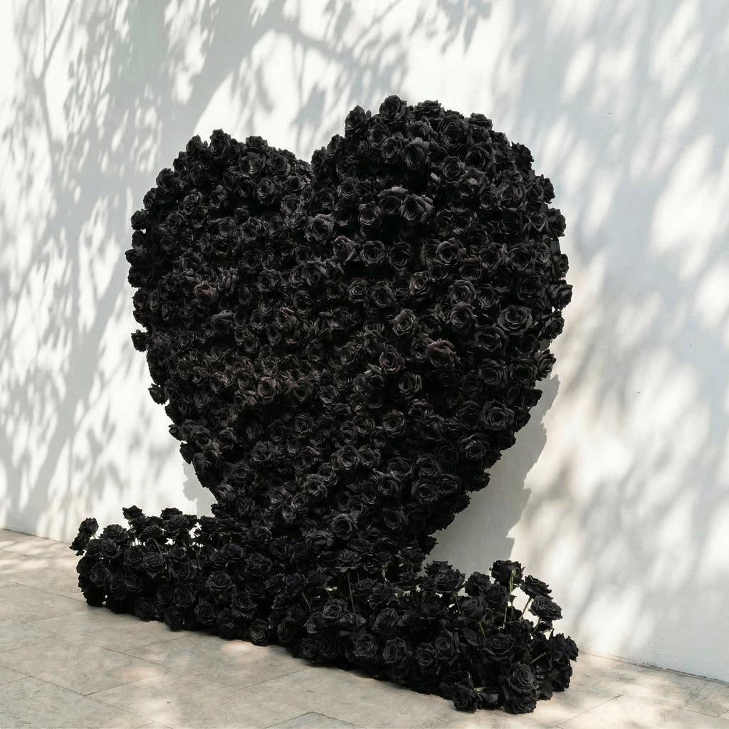Xelune: 3D Mysterious All-Black Heart-Shaped Artificial Floral Backdrop for Luxury Photo Booth & Events