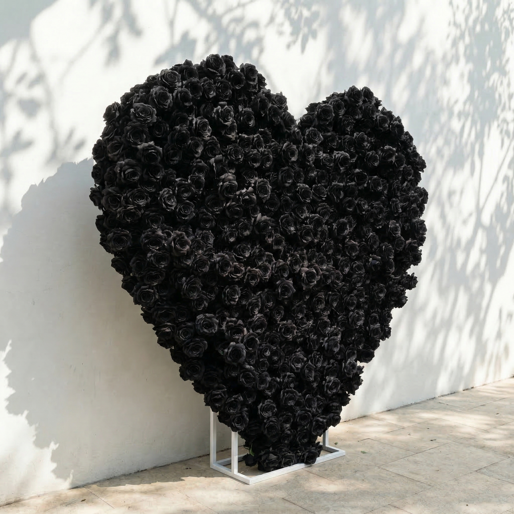 Xelune: 3D Mysterious All-Black Heart-Shaped Artificial Floral Backdrop for Luxury Photo Booth & Events
