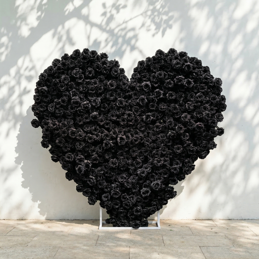 Xelune: 3D Mysterious All-Black Heart-Shaped Artificial Floral Backdrop for Luxury Photo Booth & Events