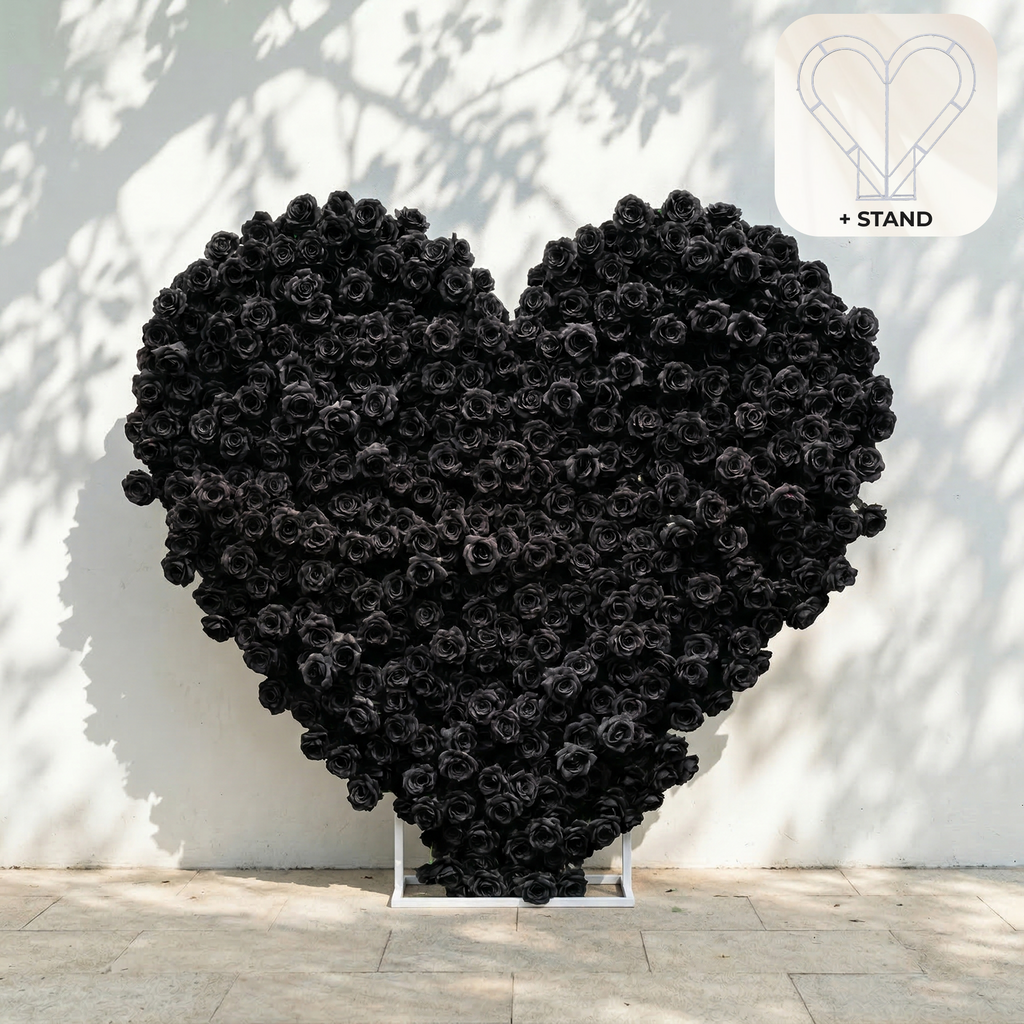 Xelune: 3D Mysterious All-Black Heart-Shaped Artificial Floral Backdrop for Luxury Photo Booth & Events