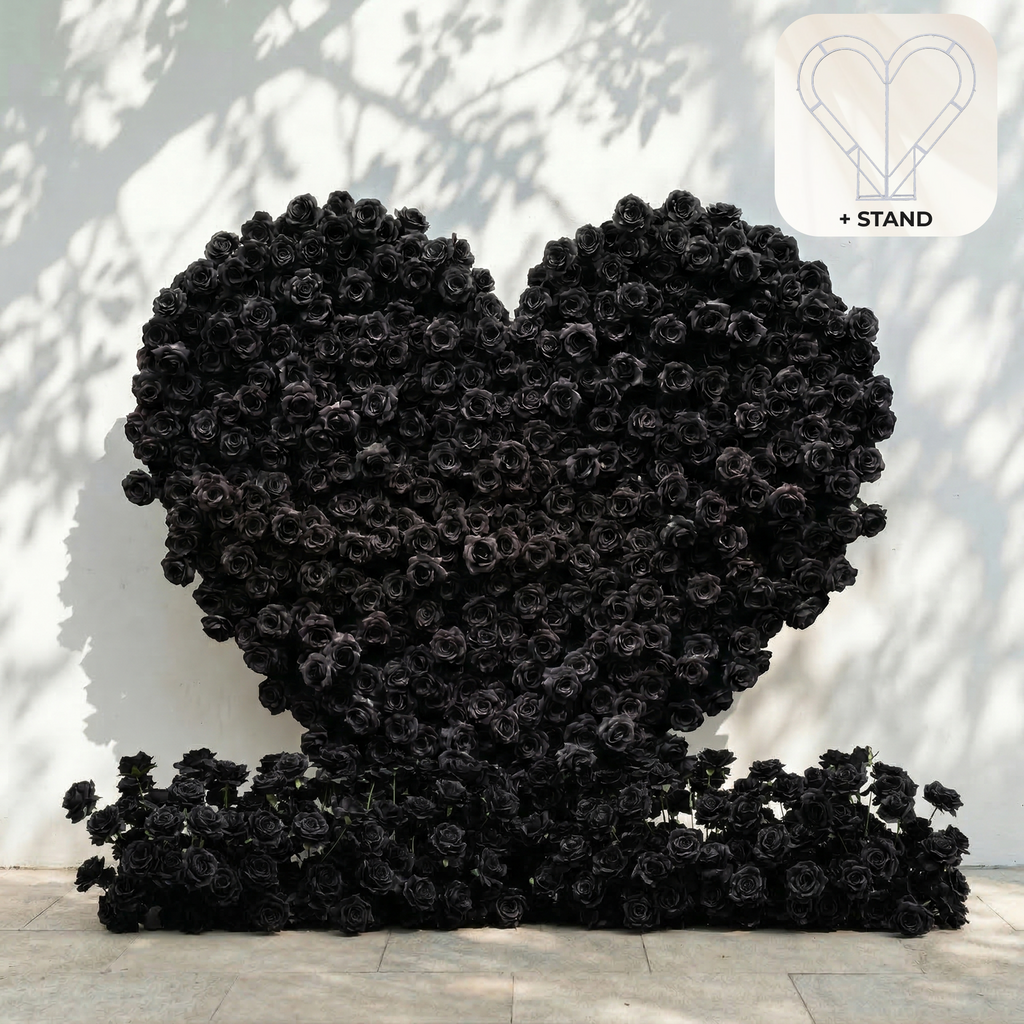 Xelune: 3D Mysterious All-Black Heart-Shaped Artificial Floral Backdrop for Luxury Photo Booth & Events