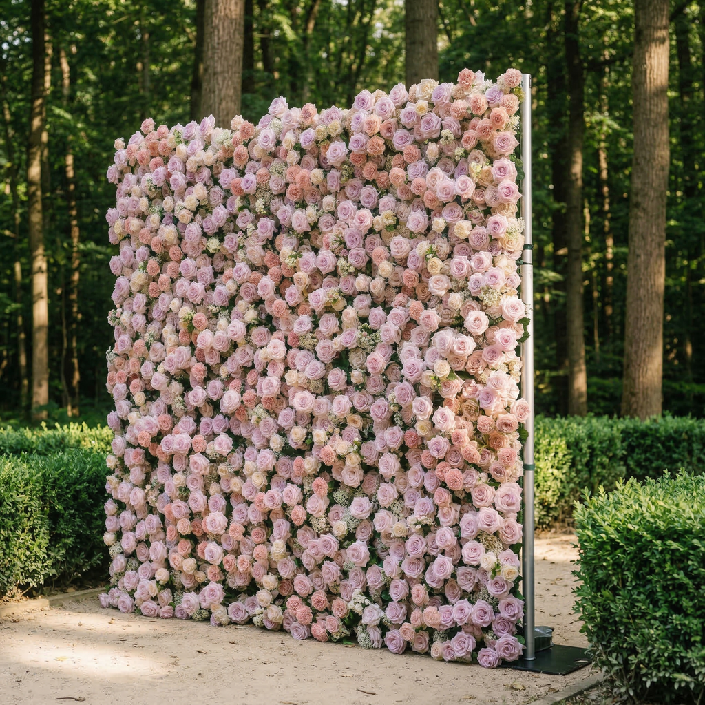 Yavelle: 5D Soft Pink & Light Lavender Silk Rose Flower Wall Roll-Up Fabric Backdrop for Elegant Weddings