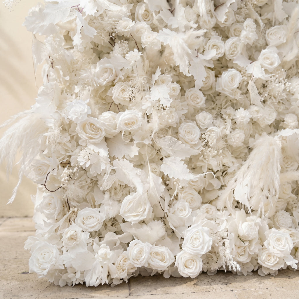 Zarenbelle: Classic White 5D Flower wall with Roses and Pampas for Wedding&Event Decor