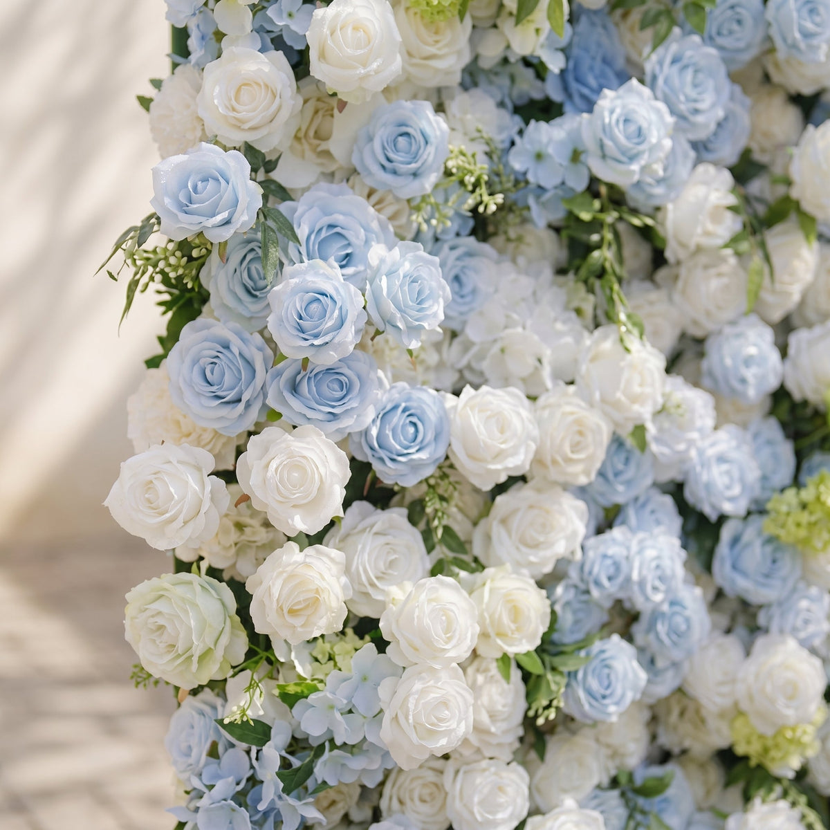 Zarenette:5D Dusty Baby Blue & Ivory White Silk Rose Flower Wall Roll-Up Fabric Backdrop for Romantic Weddings & Proposals