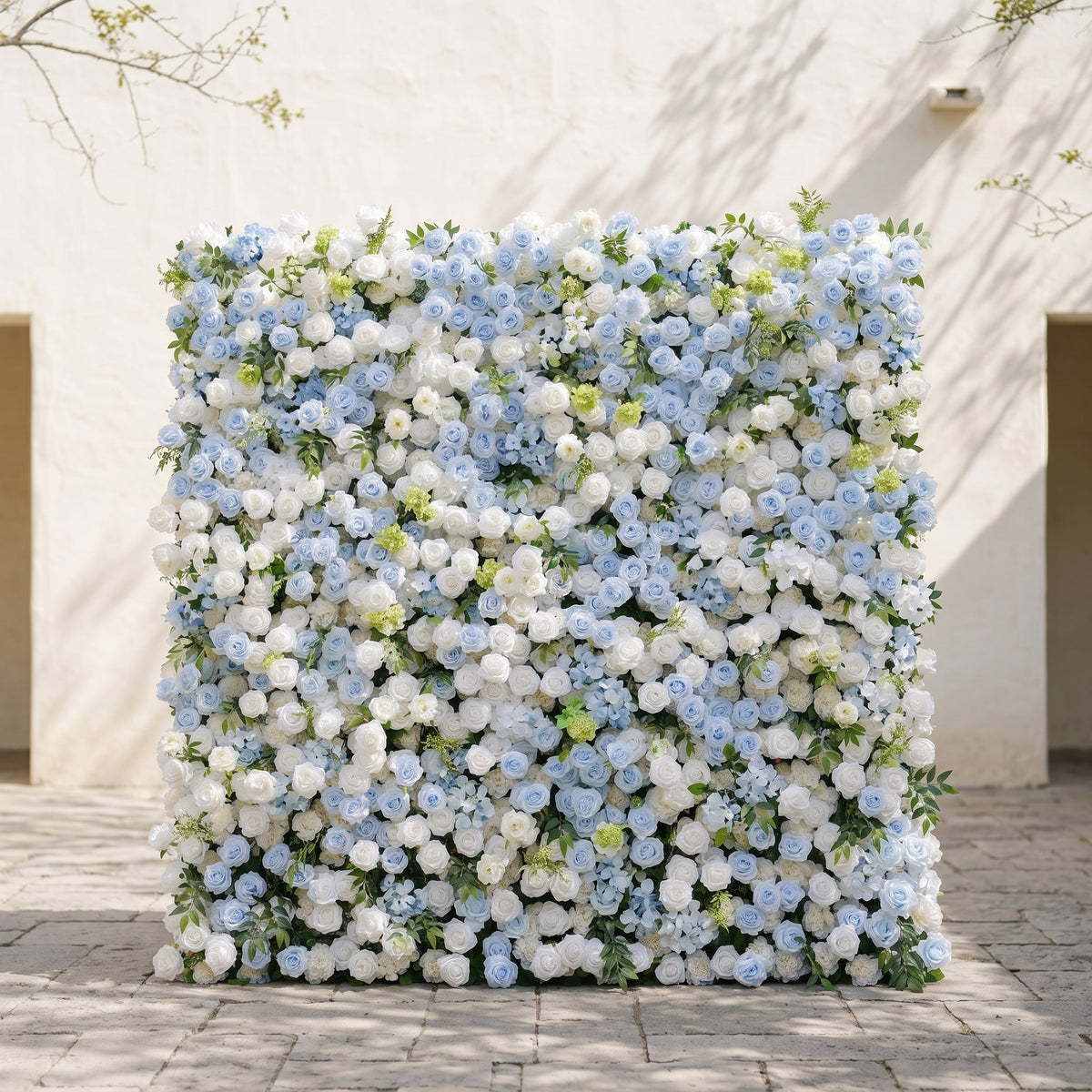 Zarenette:5D Dusty Baby Blue & Ivory White Silk Rose Flower Wall Roll-Up Fabric Backdrop for Romantic Weddings & Proposals