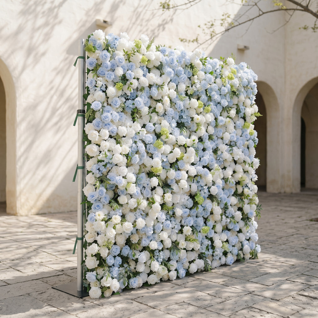Zarenette:5D Dusty Baby Blue & Ivory White Silk Rose Flower Wall Roll-Up Fabric Backdrop for Romantic Weddings & Proposals
