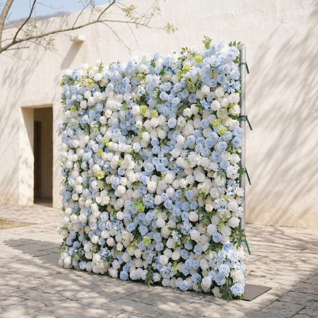 Zarenette:5D Dusty Baby Blue & Ivory White Silk Rose Flower Wall Roll-Up Fabric Backdrop for Romantic Weddings & Proposals