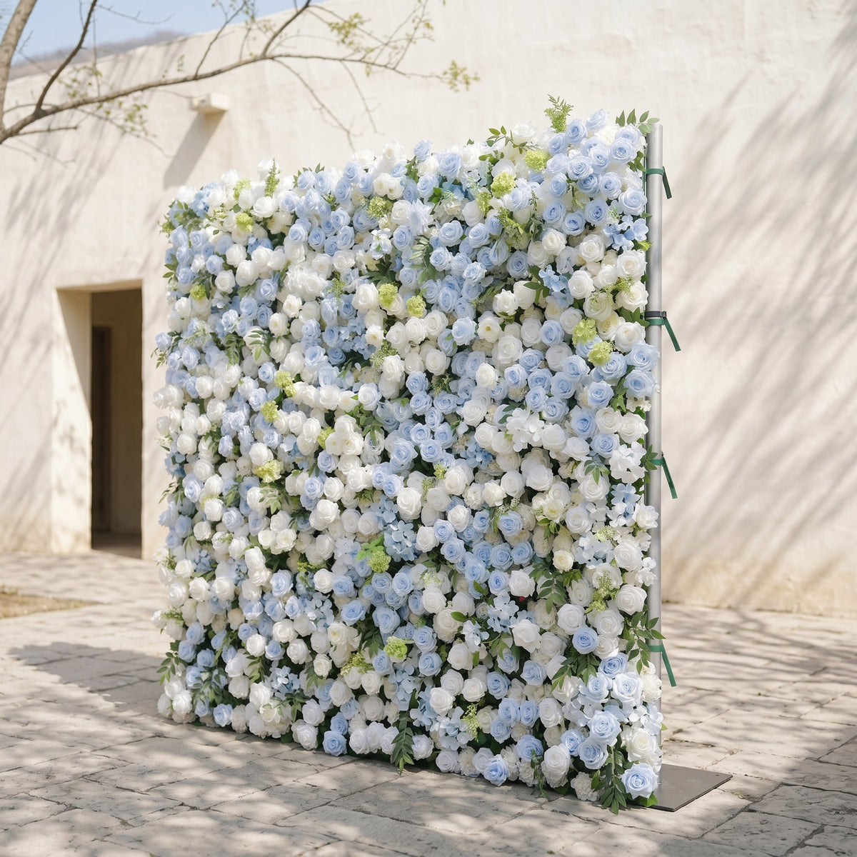 Zarenette:5D Dusty Baby Blue & Ivory White Silk Rose Flower Wall Roll-Up Fabric Backdrop for Romantic Weddings & Proposals