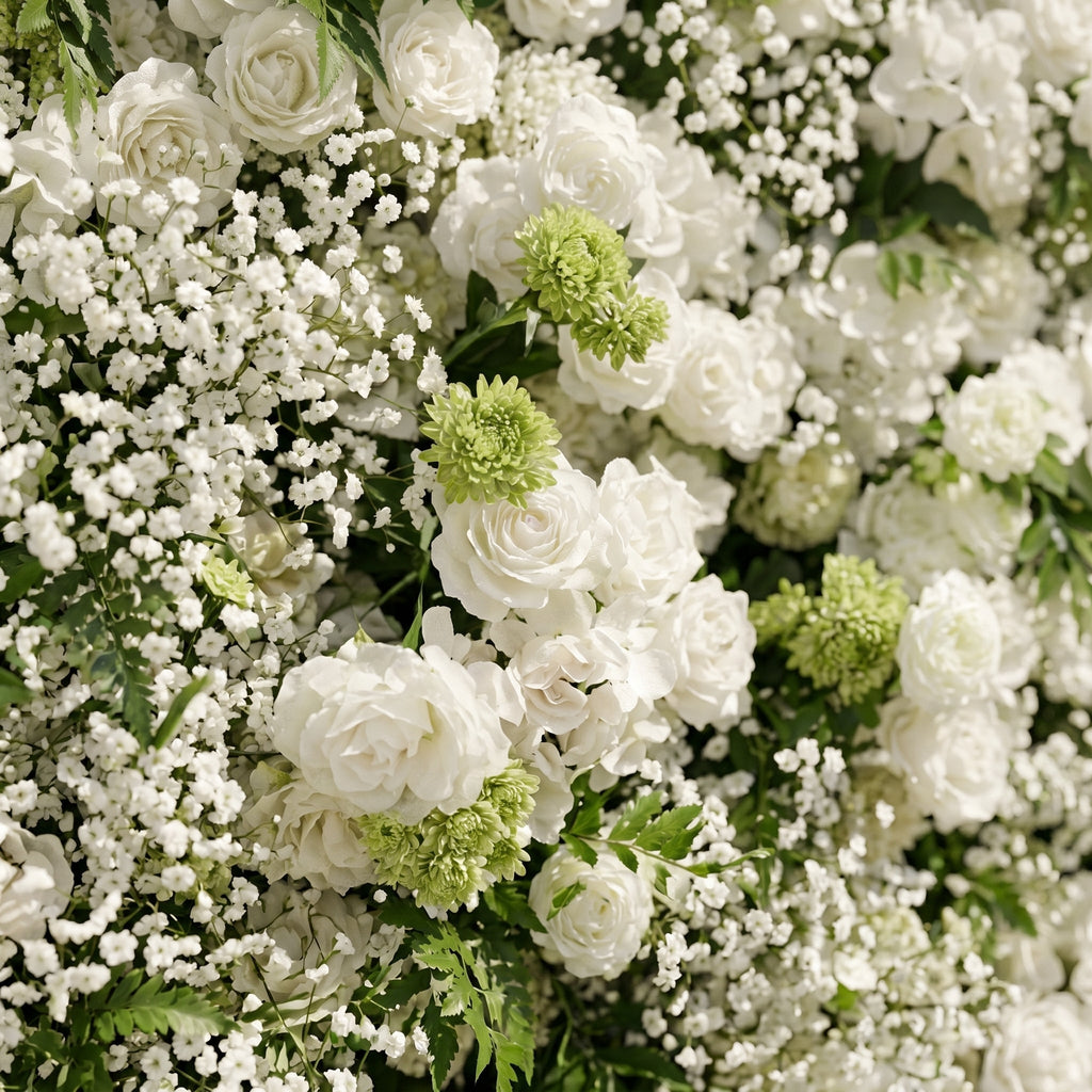 Zarensira:5D Luxury Ivory White Silk Rose, Baby Breath & Lush Greenery Flower Wall Roll-Up Fabric Backdrop for Romantic Minimalist Weddings, Bridal Showers & Proposal Event Decor