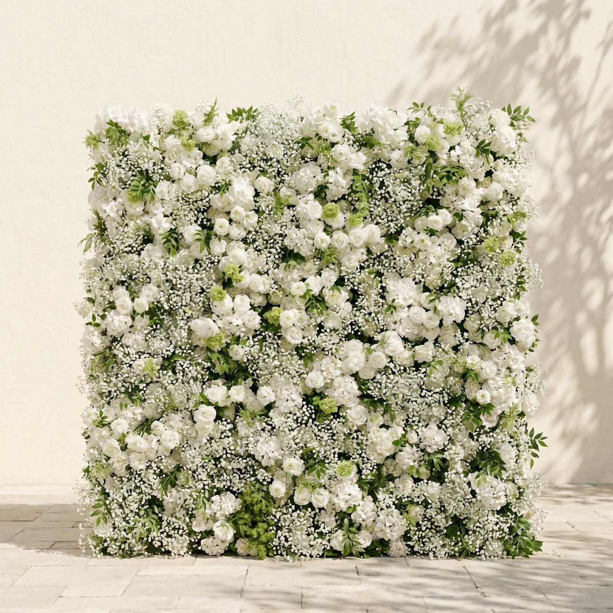 Zarensira:5D Luxury Ivory White Silk Rose, Baby Breath & Lush Greenery Flower Wall Roll-Up Fabric Backdrop for Romantic Minimalist Weddings, Bridal Showers & Proposal Event Decor