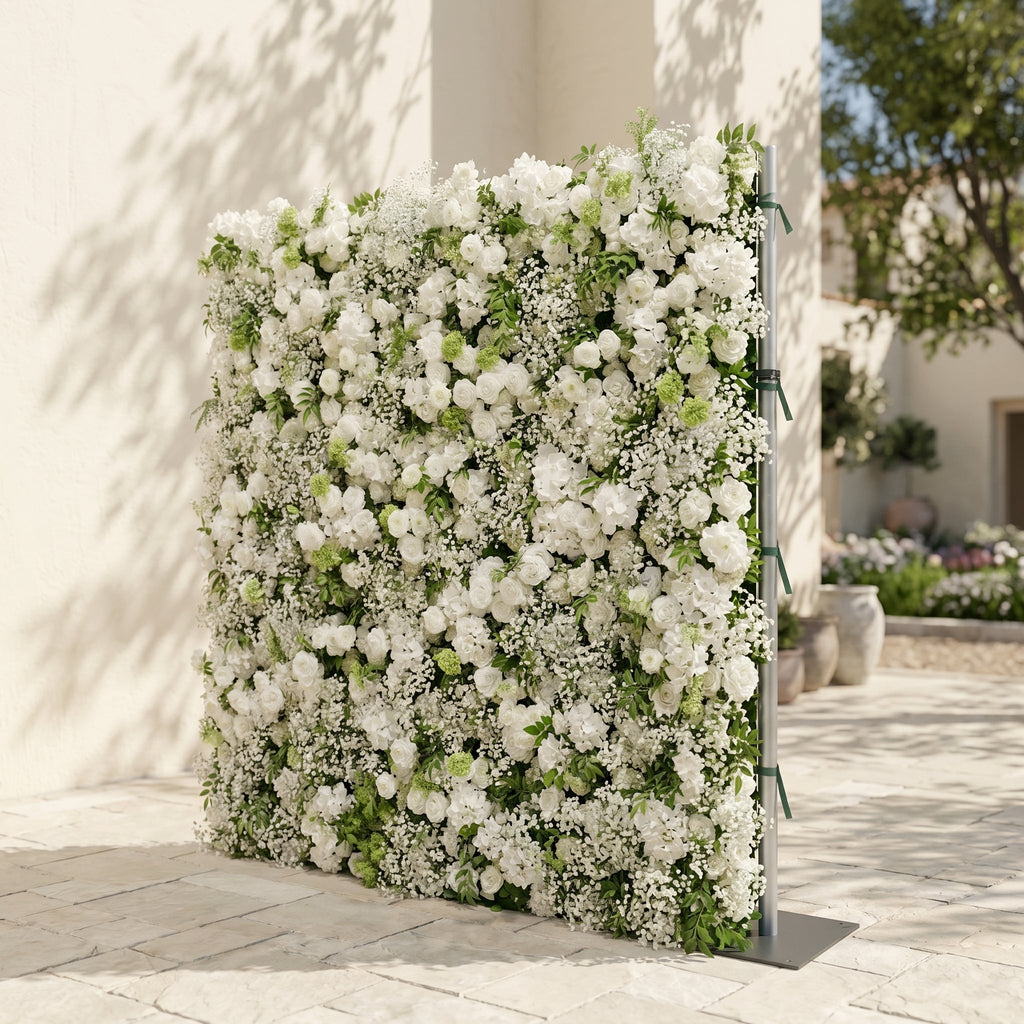 Zarensira:5D Luxury Ivory White Silk Rose, Baby Breath & Lush Greenery Flower Wall Roll-Up Fabric Backdrop for Romantic Minimalist Weddings, Bridal Showers & Proposal Event Decor